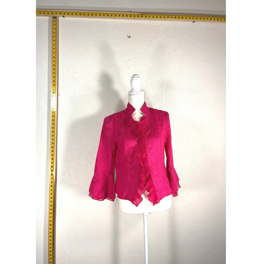 Lena Gabrielle Hot Pink 100% Linen Ruffle Jacket Mock Neck Bell Sleeve Size 8